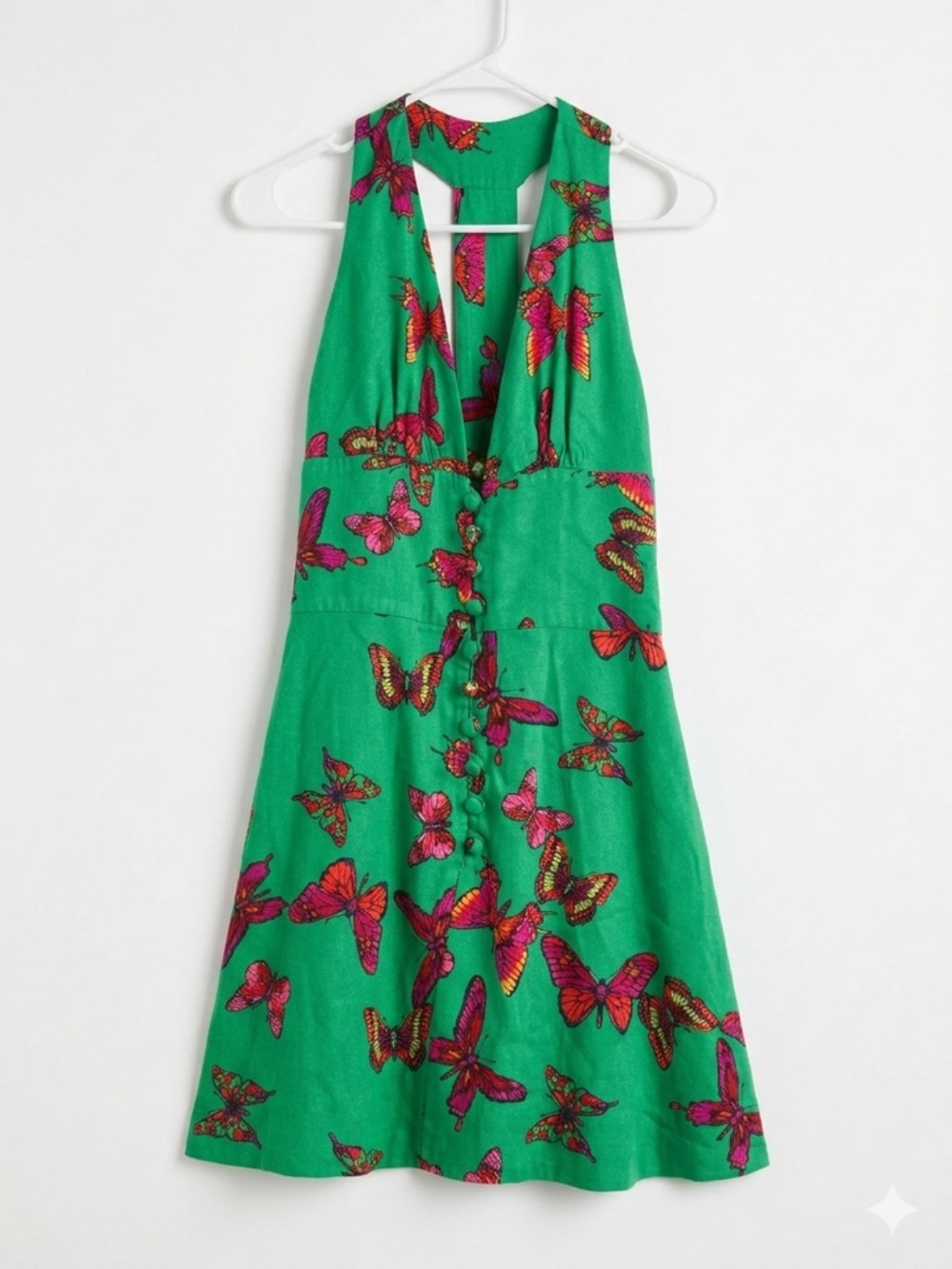 Vintage Otaheite Lahaina Hawaii Butterfly Print Halter Mini Dress 70s